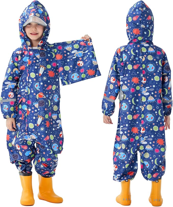 Fewlby Kids Toddler Rain Suit for Boys Girls One Piece Hoodie Zipper Cartoon by FEWLBY
