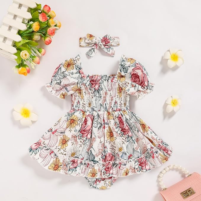 GRNSHTS Baby Girl Romper Dress, Puff Sleeve Smocked Outfit - Image 2