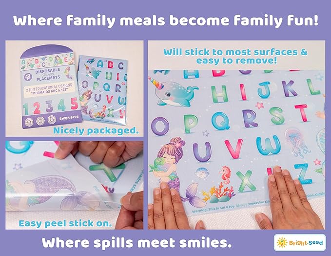 Disposable Placemats for Baby, Toddlers and Kids, 40 Disposable Baby Placemats for Restaurant, Dining Table & Travel, Learning Placemats for Kids, Toddler Travel Essential, Mermaids ABC & Numbers
