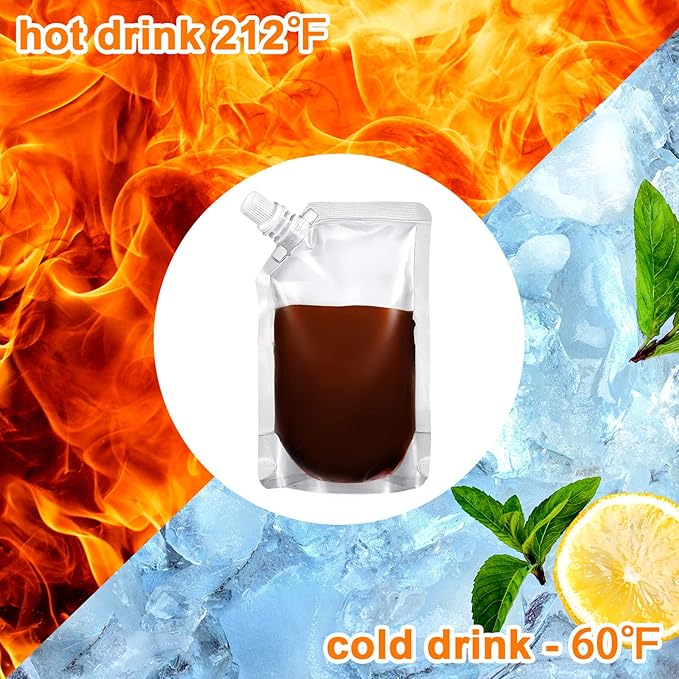 Meanplan 100 Pcs Plastic Pouches Bulk Reusable Squeeze Pouches Clear Plastic Juice Leak Proof Bags with Funnel for Party Favors Supplies(16 oz,Inclined Mouth)