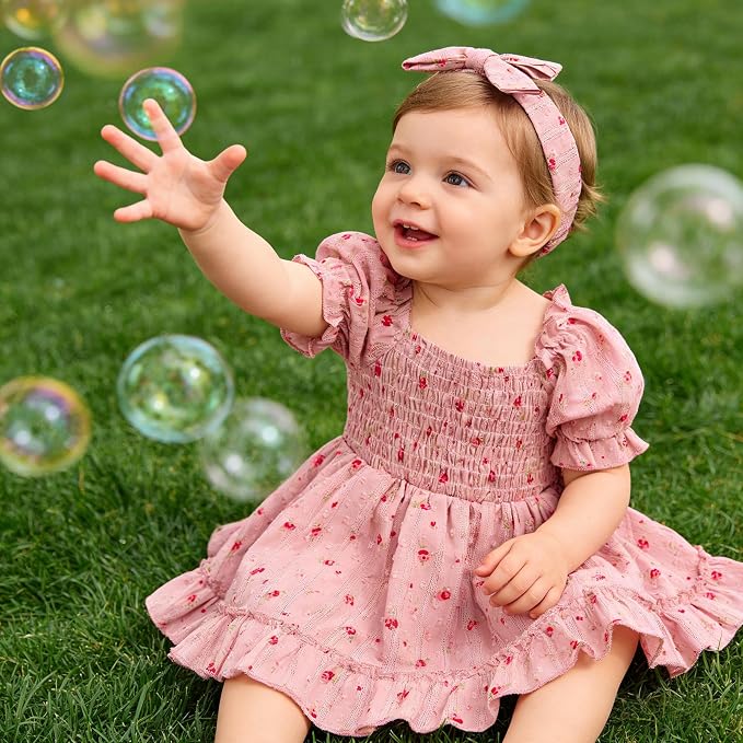 GRNSHTS Baby Girl Romper Dress, Puff Sleeve Smocked Outfit - Image 4