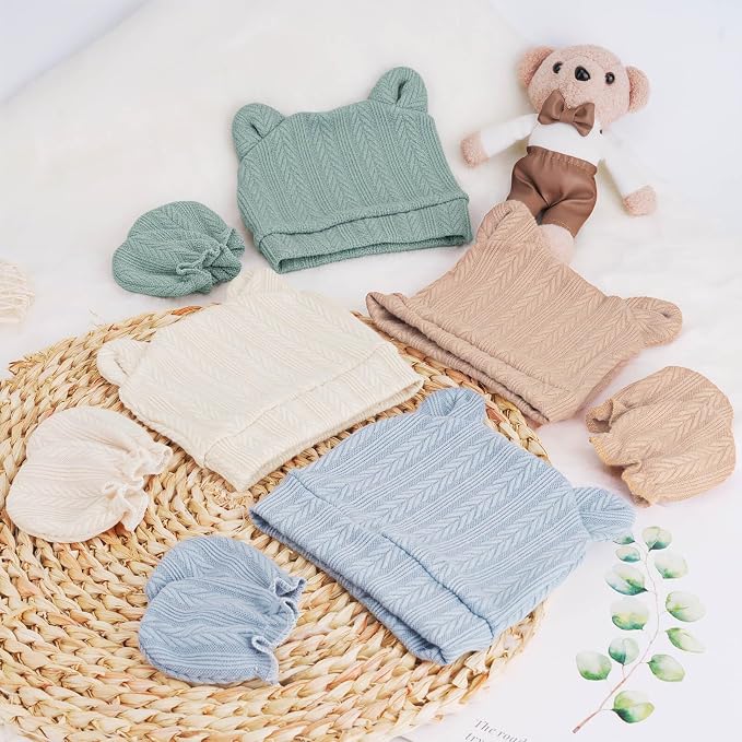 BQUBO Newborn Baby Hats Bear Ears and Mittens Sets Preemie Caps Baby Boy Girl - Image 7