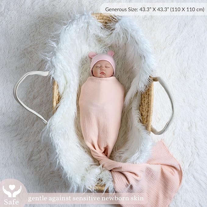 Meracorallo Muslin Swaddle Blanket, 100% Cotton, Peach Pink | Soft Breathable - Image 2