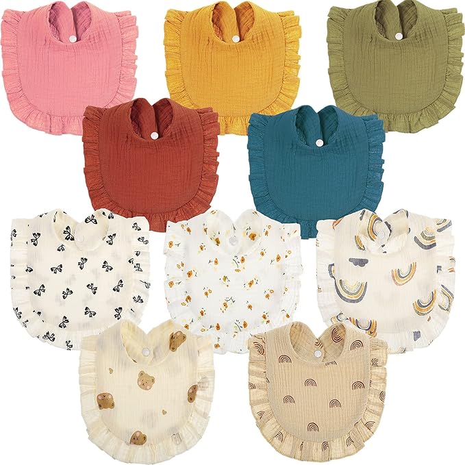 Mepase 10 Pcs Large Muslin Baby Girl Bibs Drool Teething Bibs Lap Shoulder for Boy Girls Teething(Retro Colors)