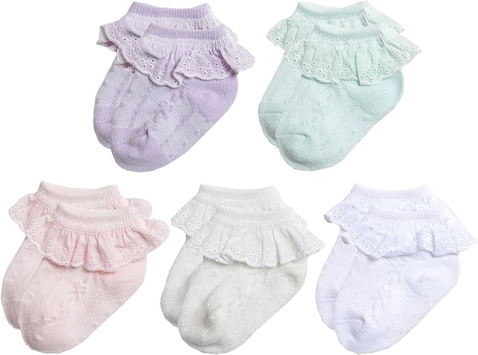 EPEIUS Baby Girl Ruffle Socks, Eyelet Frilly Lace Socks - Image 3