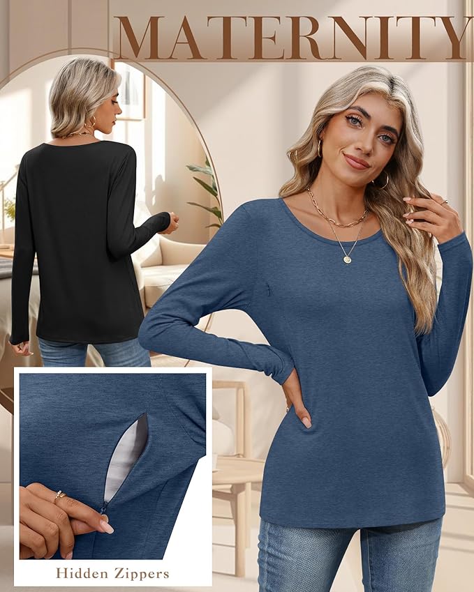 4 Pack Women's Cotton Nursing Tops, Breastfeeding Maternity with Hidden Zippers Crew Neck Long Sleeve Pregnancy Shirts
