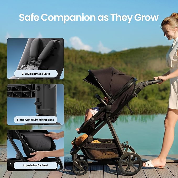 Mompush Meteor2 Baby Stroller 2-in-1 with Newborn Mode, Large Shock-Absorbing Wheels, Car Seat Adapter Included – Full-Size Infant & Toddler Stroller for All-Terrain Family Outings