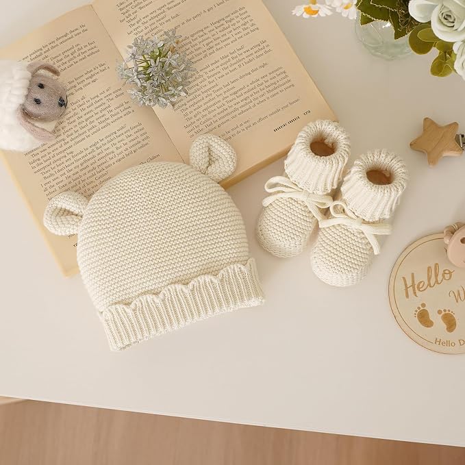 Hadetoto 100% Organic Cotton Baby Beanie and Booties Set | Newborn, Knit Sock - Image 5