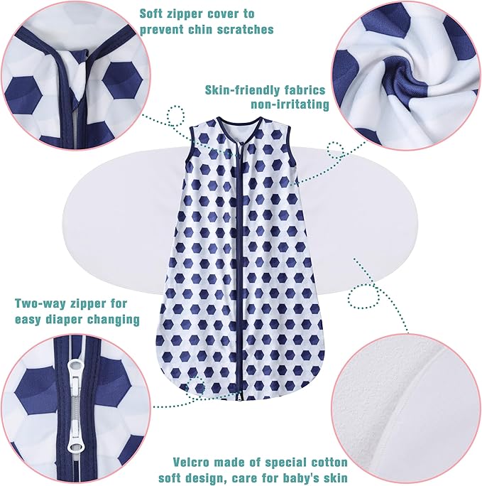 Newborn Sleep Sack Baby Swaddle,3-Way Adjustable Wearable Blanket,100% Rayon Cotton Swaddling Sleeping Bag，TOG 0.5 (Soccer & Triangles, 0-3 Months)