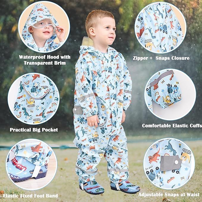 Fewlby Kids Toddler Rain Suit for Boys Girls One Piece Hoodie Zipper Cartoon - Image 2