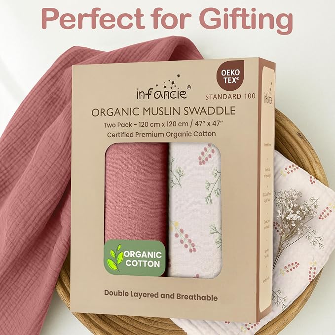 100% Organic Cotton 2 PK Baby Girl Muslin Swaddle Blanket 47x47 in | Oeko-TEX - Image 9