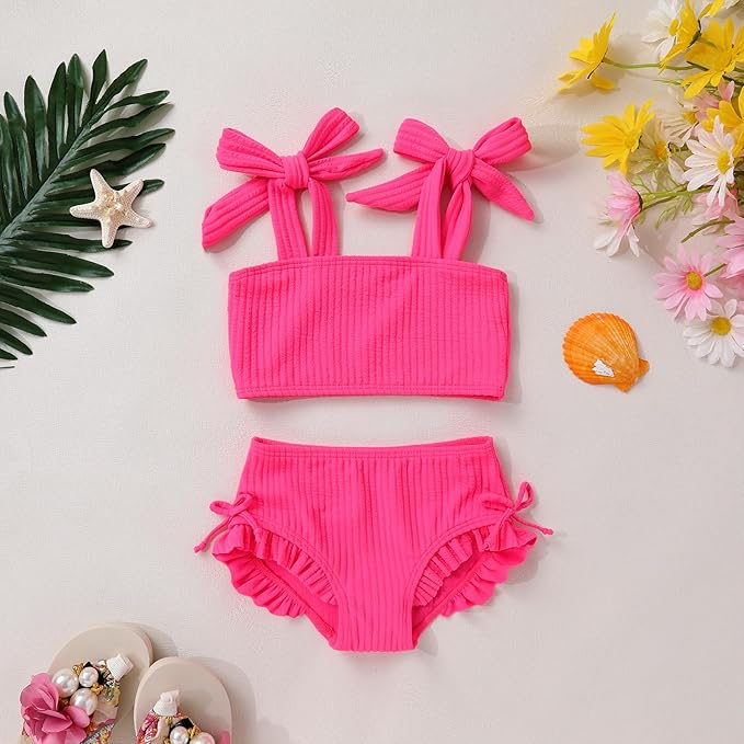 Toddler Swimsuit Girl Color Block Stripe Swimwear Baby Girl Summer Beach Bathing Suits Bikini Set with Ruffled Edges