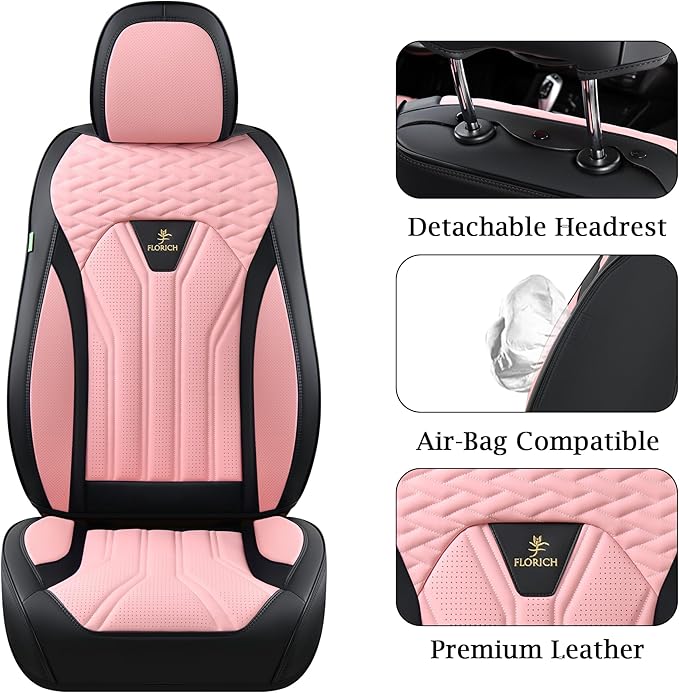 FLORICH Automotive Front Seat Covers for Cars, Waterproof Pink & Black Seat Covers, Leather Car Seat Covers 2 Pack, Universal Seat Protector for Most Cars Trucks SUV
