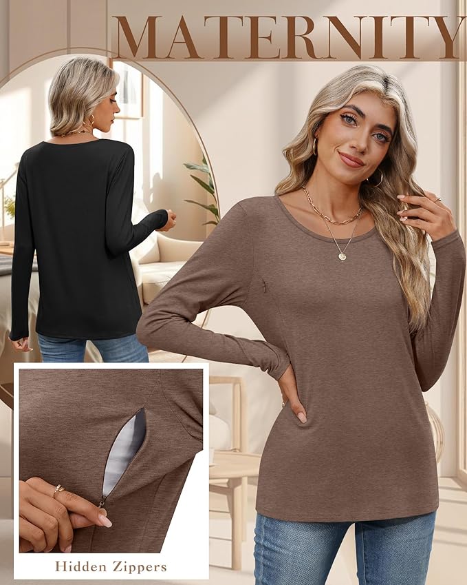 4 Pack Women's Cotton Nursing Tops, Breastfeeding Maternity with Hidden Zippers Crew Neck Long Sleeve Pregnancy Shirts