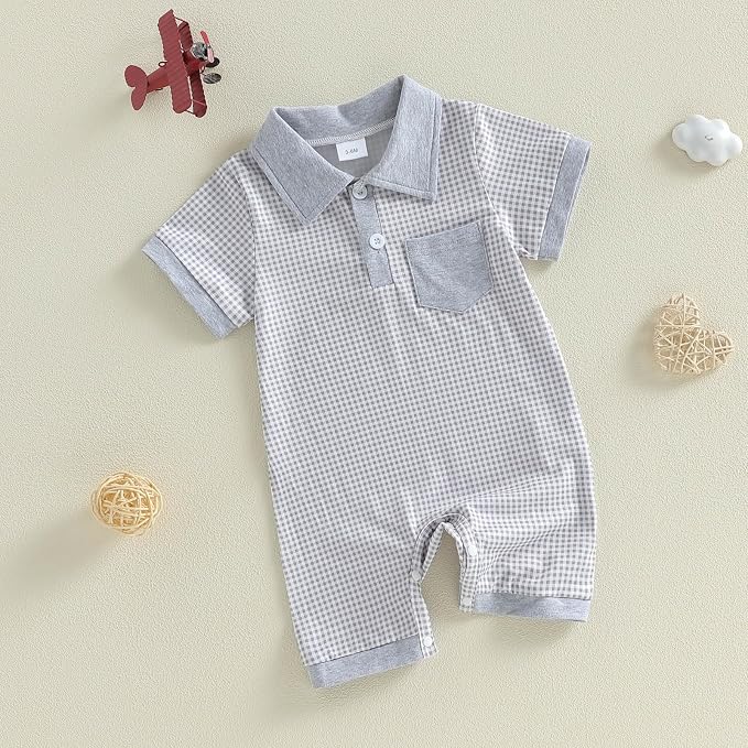 FOCUSNORM Newborn Baby Boy Summer Clothes Short Sleeve Lapel Jumpsuit Collar - Image 6