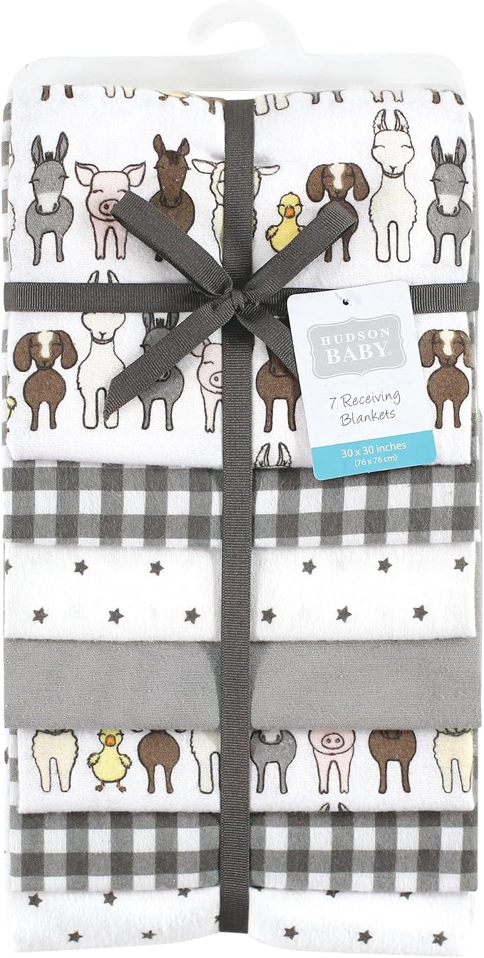 Hudson Baby Unisex Baby Cotton Poly Flannel Receiving Blankets Bundle, Farm - Image 2