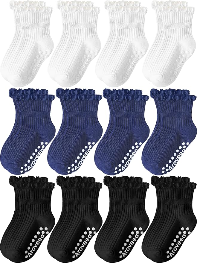 Baby Toddler Girls Socks Grip Ruffle Non Slip Kids Cotton 12 Pack Socks | by Aroveea