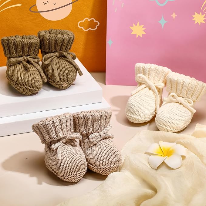 Evervibe 3 Pair Knitted Baby Booties | 100% Cotton, 0-6 Months Newborn - Image 3