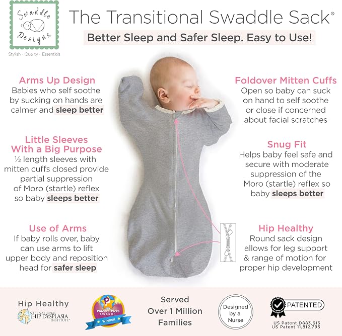 SwaddleDesigns Transitional Swaddle Sack, Arms Up Half-Length Sleeve & Mitten - Image 2