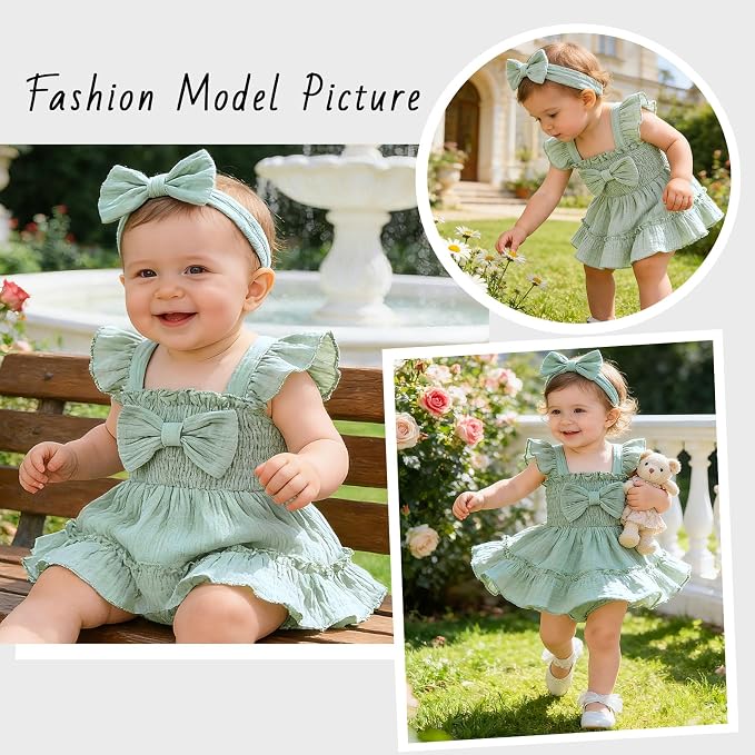 Baby Girl Smocked Romper Dress Ruffle Bow Summer Outfit - Image 2