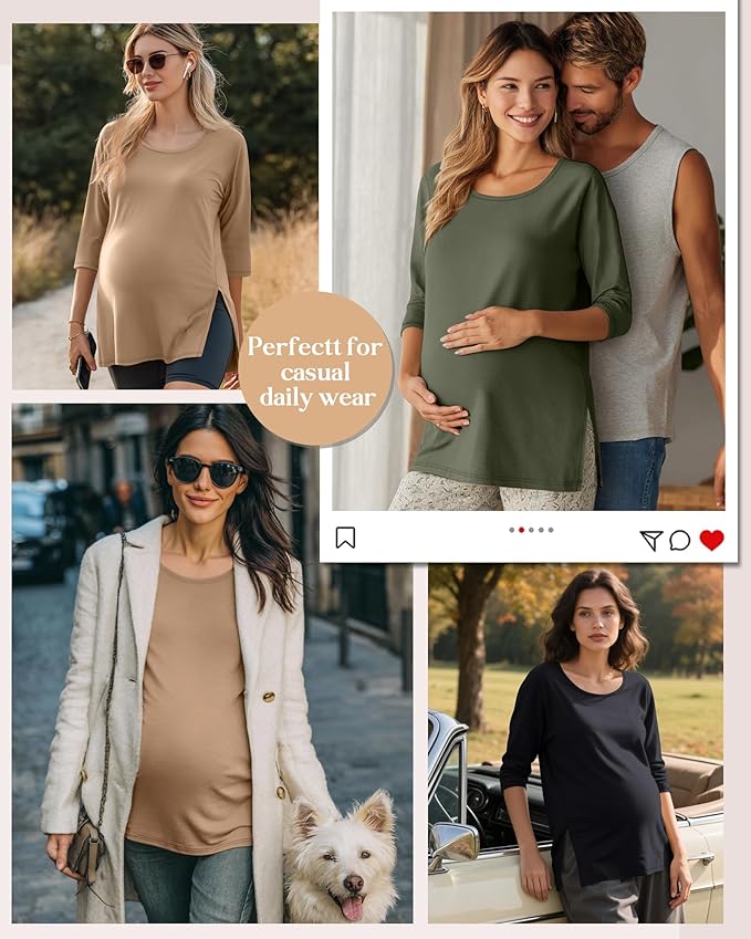 3 Pack Women's 3/4 Sleeve Maternity Shirts Elbow Length Clothes Round Neck Tunics Pregnancy Loose Side Split Tops