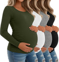 Riyiper 4 Pack Women's Maternity Shirts, Long Sleeve Cotton Ribbed Pregnancy Tee Top Crewneck Side Ruched Casual Mama Clothes