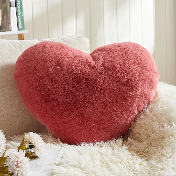 EastTree Heart Pillows, Peach Pink Heart Shaped Pillows, Love Throw Pillows Gifts, Ultra Soft Faux Rabbit Fur Small Cute Pillows, Women Girls Kid Room Decor 10x13 Inch