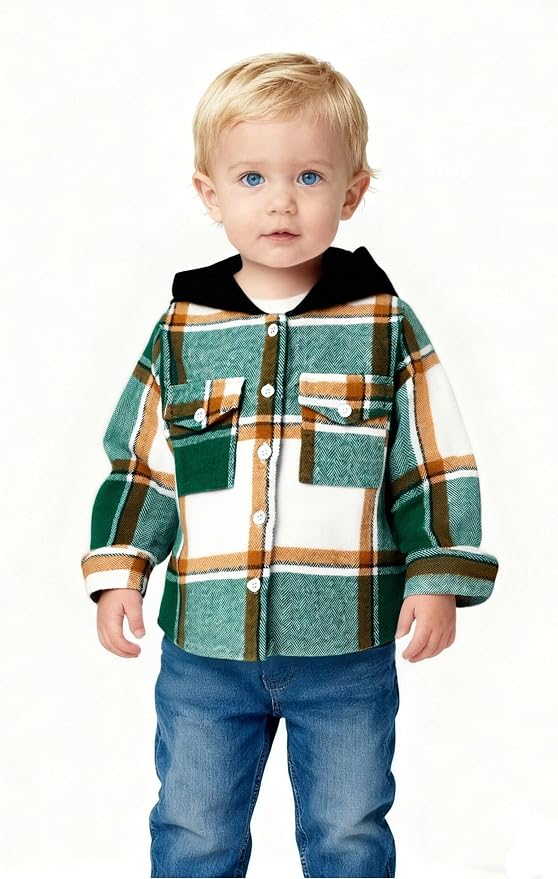 YOUNGER STAR Toddler Kids Boys Girls Flannel Hooded Plaid Shirt Button Baby Red - Image 2