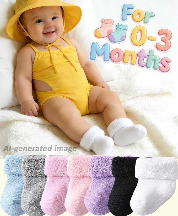 Newborn Socks 0-3 Months Preemie Infant Cotton Terry Ankle Socks 6 Pairs - Image 2