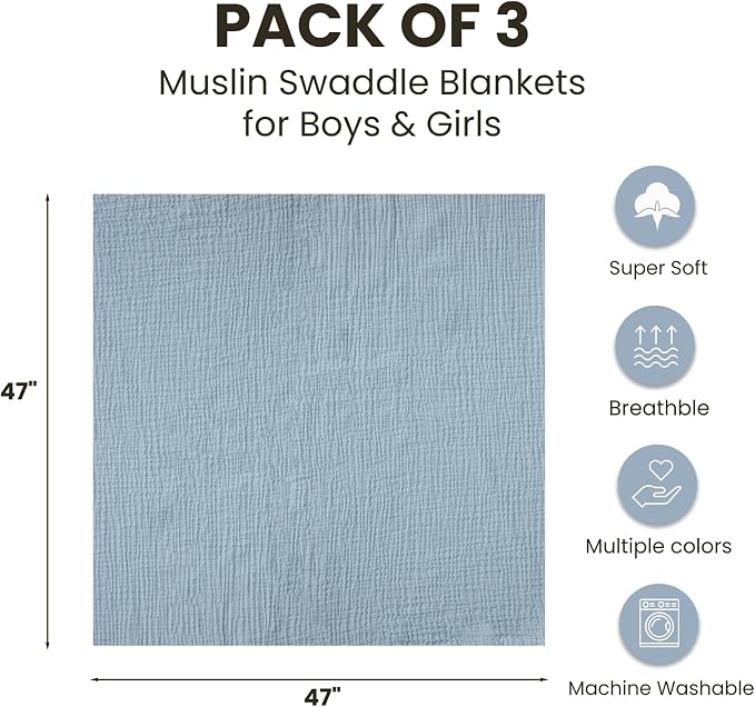 Konssy 3-Pack Muslin Baby Swaddle Blankets, 47 x 47 in Receiving Blankets | - Image 7
