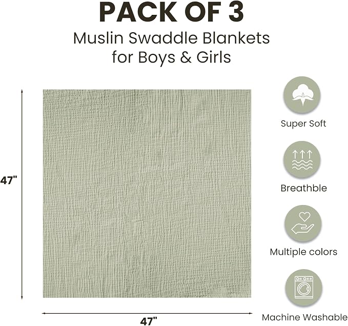 Konssy 3-Pack Muslin Baby Swaddle Blankets, 47 x 47 in Receiving Blankets | - Image 3