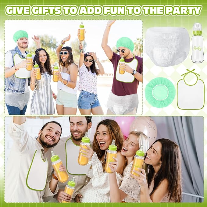 6 Sets Bottle Chug Baby Shower Games Juegos Para Plastic Baby Bottles Bibs Hat Disposable Diapers Gender Reveal Games Baby Changing Diaper Race Game Decoration (Green)