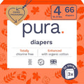 Pura Size 4 Diapers, 66 Count, Unisex, Organic Cotton, Leak-Free, Plant-Based, Dermatologically Tested, Allergy-Certified, Carbon Neutral, B-Corp