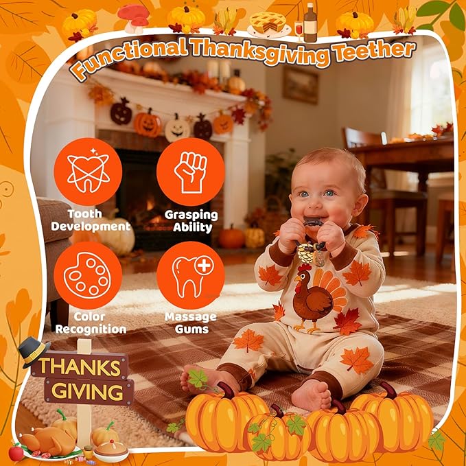 Thanksgiving Baby Teething Ring with 3pcs Teether-Soft Turkey, Pumpkin & Pine Cones Textured, Silicone Teether for 0-12months, Baby Sensory Chew Bracelet for Baby’s First Thanksgiving