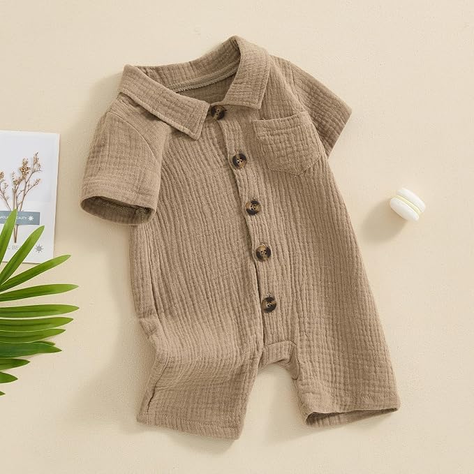 Honganda Summer Baby Boy Cotton Linen Jumpsuit Short Sleeve Button Down - Image 2