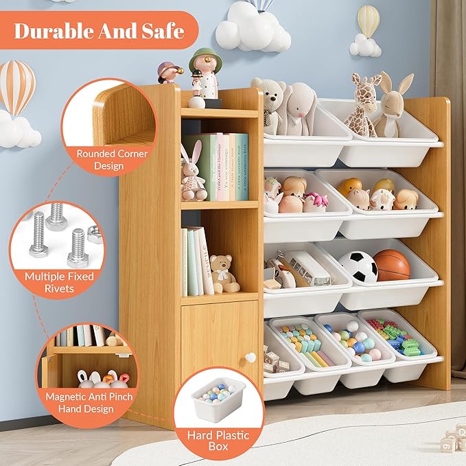 Toy Storage Organizer with 3 Shelves 1Lockers and 10 Bins, Toy Organizers Storage Bookshelf, Kids Bin Shelf Toys Box Bookcase for Bedroom Playroom Organization Room Decor - 100% Solid Wood