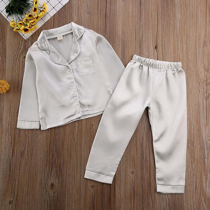 Kids Baby Girl Boy Satin Pajamas Set Button Down Sleep Shirt Top+Long Pants - Image 4
