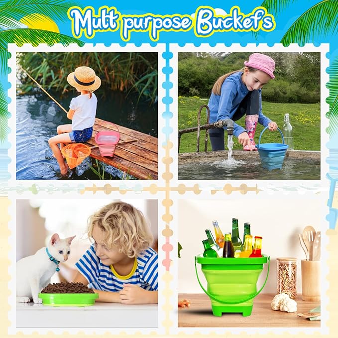 Collapsible Beach Sand Toys for Kids Toddlers,Travel Beach Toys with 3 Collapsible Sand Buckets,Shovels,Mesh Bags,Sand Molds,Castle Toys for Beach, Age 18+ Month
