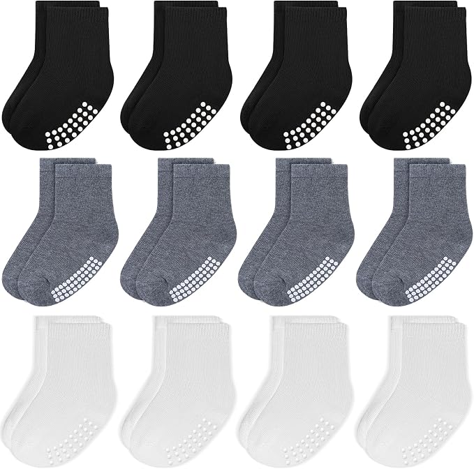 Baby Toddlers Crew Socks with Non-Slip Grip 12 Pack Cotton Stretch Socks | Soft by JAKIDAR
