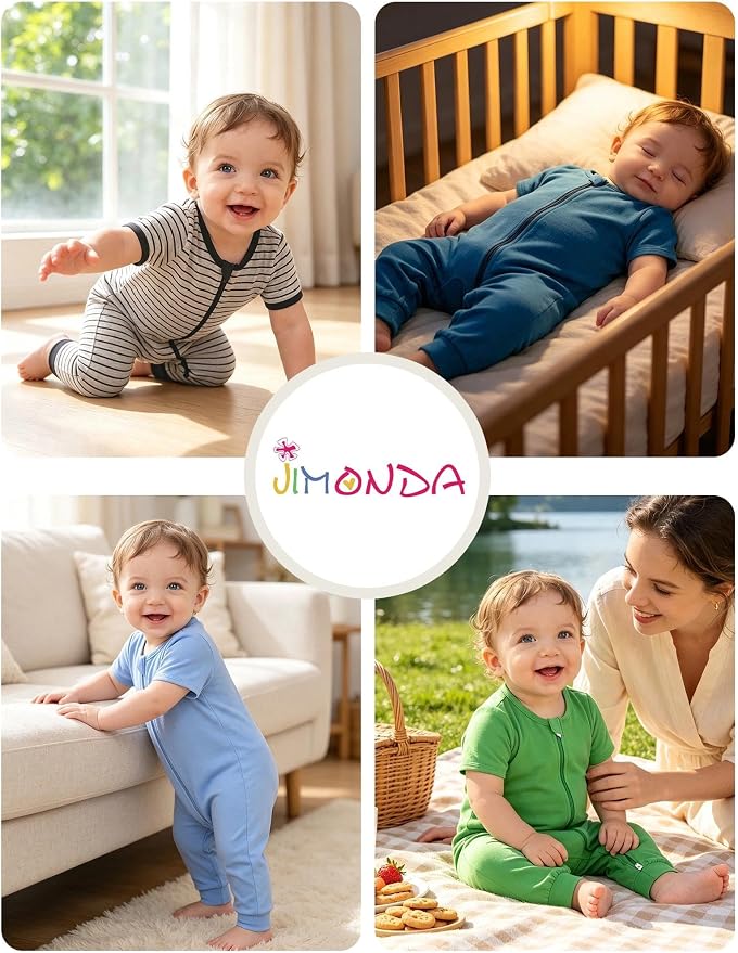 Jimonda Baby Romper Short Sleeve Cotton Pajamas 2-Way Zipper - Image 2