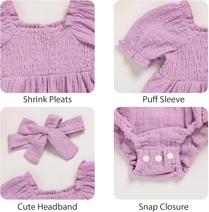 GRNSHTS Baby Girl Romper Dress, Puff Sleeve Smocked Outfit - Image 5