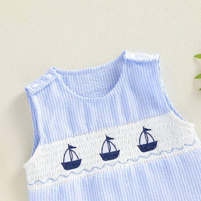 Newborn Baby Boys Sleeveless Seersucker Romper One Piece Straps Overalls - Image 4