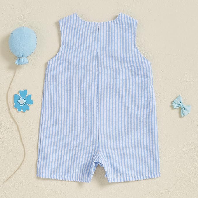 Newborn Baby Boys Sleeveless Seersucker Romper One Piece Straps Overalls - Image 3