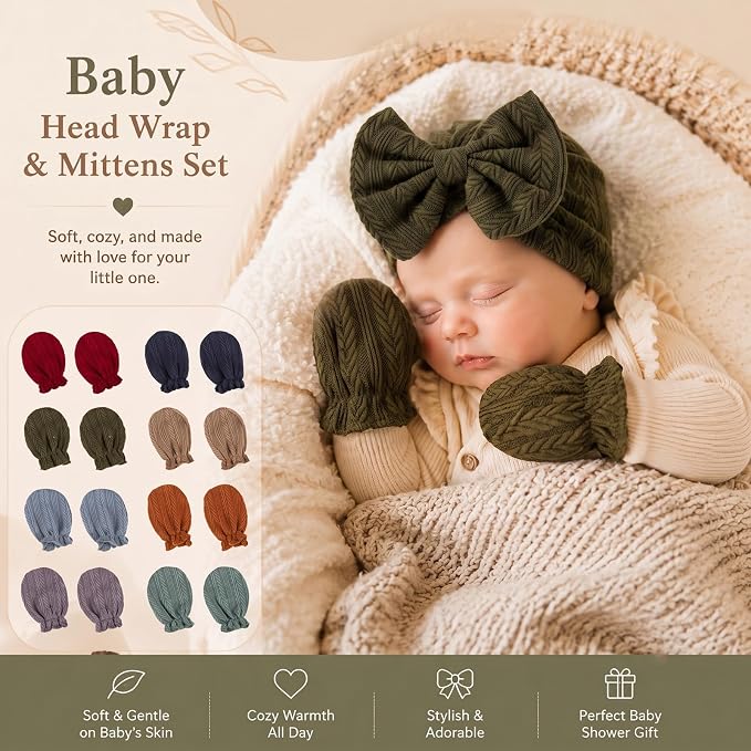 8 Sets Newborn Baby Girl Bow Hats and Mittens Turban Beanies 0-3M | Cotton - Image 3