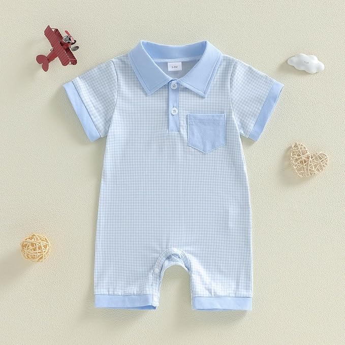 FOCUSNORM Newborn Baby Boy Summer Clothes Short Sleeve Lapel Jumpsuit Collar - Image 5