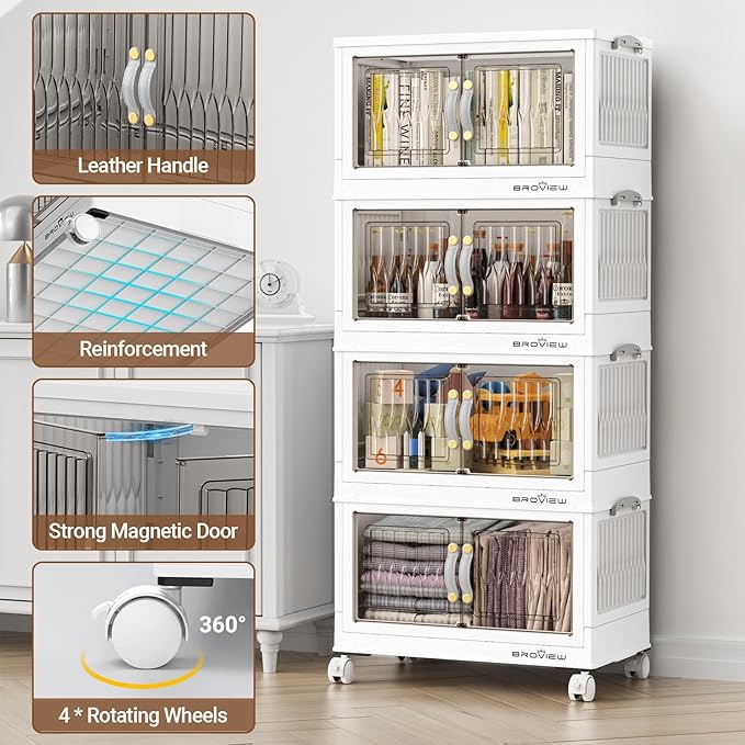 BROVIEW 135Qt Stackable Storage Bins with Lid, Extra Large Closet Organizer Collapsible Drawer Boxes with Wheels, Folding Plastic Cabinet Containers for Home Kitchen Room Organization, 3Pack White