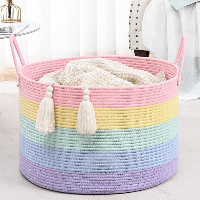 67L Rainbow Storage Basket for Organizing, 20"×13" Large Laundry Baskets, Cotton Rope Woven Blanket Basket, Toy Storage for Kids, Collapsible Blankets Storage for Living Room, Nursery Room