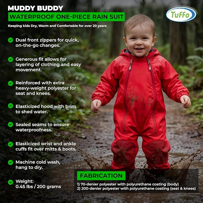 Tuffo Muddy Buddy Kids Waterproof Rain Suit One-Piece Coverall, Dual Zippers - Image 6
