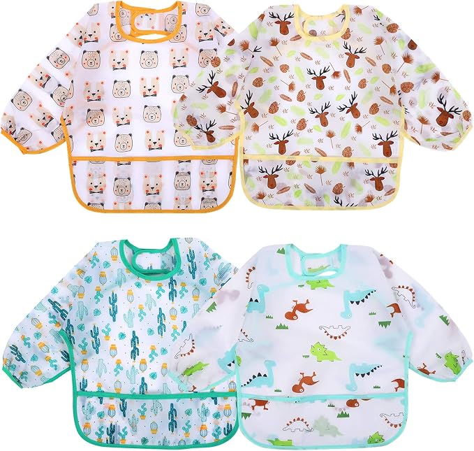 Accmor 4 Pack Long Sleeve Bibs, Baby Smock Waterproof Full Sleeved Bib by Accmor