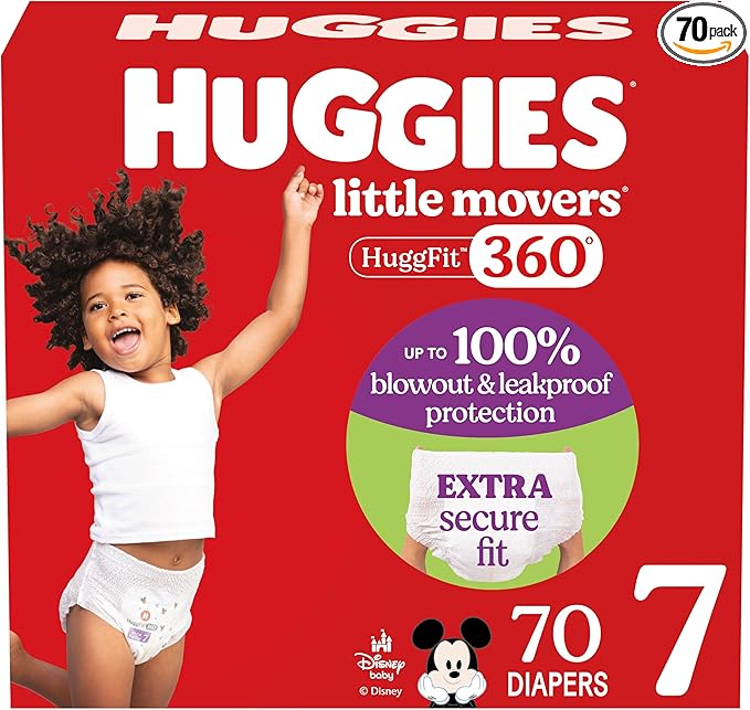 Huggies Size 7 Baby Diapers, Little Movers HuggFit 360° Baby Diapers with 360° Waistband, Size 7 (41+ lbs), 70 Count, Packaging May Vary